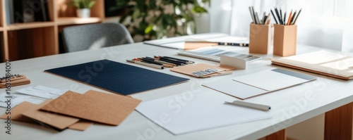 Modern office desk with stationery items overhead flat lay composition