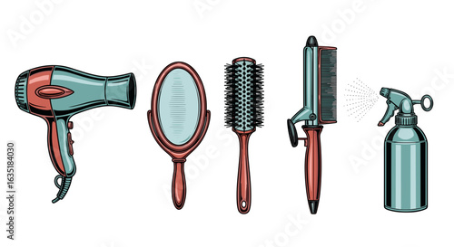 Colorful hand-drawn beauty equipment illustration set with retro style for creative projects