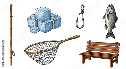 Fishing equipment illustration displaying various elements for a successful fishing trip.