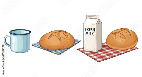 Rustic morning: Bread, milk, and simple pleasures illustrated digitally on white.