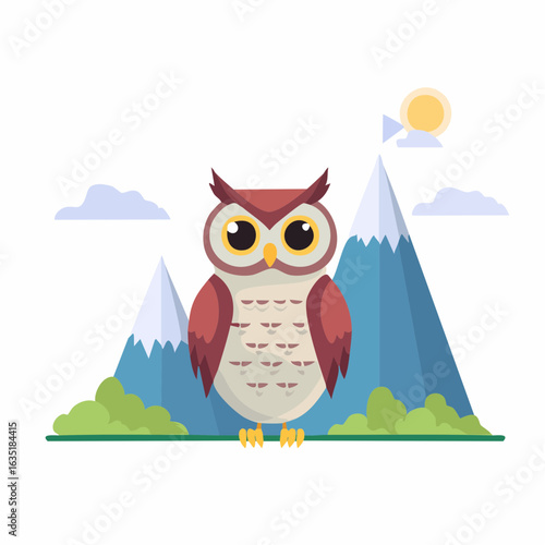 Cartoon owl perched atop mountains with serene sky and gentle sunlight scenery