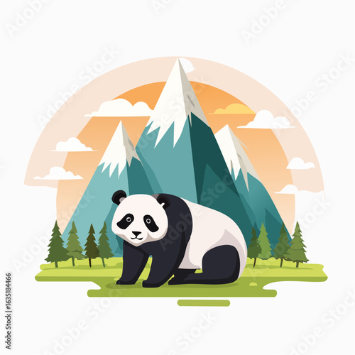 Charming panda illustration nestled against a backdrop of majestic snow-capped mountains