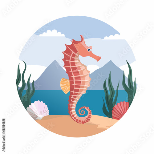 Charming Seahorse Amidst Ocean Vista: A Delightful Cartoon Illustration in Circular Frame