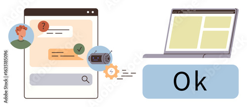 User interacting with chatbot interface, automation linking messages to laptop. Ideal for AI, customer support, communication, automation, user experience, technology workflow. Simplified flat