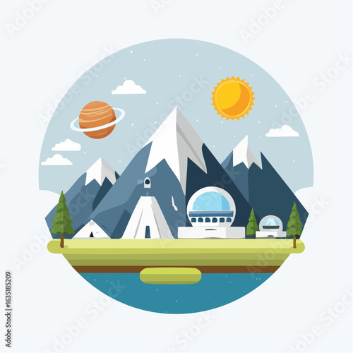 Flat illustration of a mountain landscape with planet, observatory and futuristic building