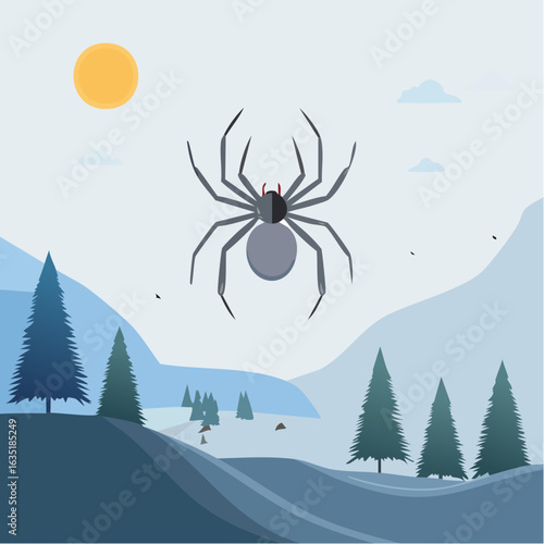 Stylized spider illustration against a serene mountainous landscape with a bright sun