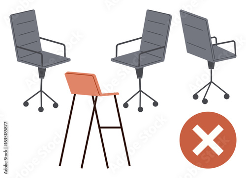 Three ergonomic office chairs contrasted with a simpler stool next to a red cross icon. Ideal for workplace ergonomics, product choices, decision-making, furniture design, comfort analysis, workplace