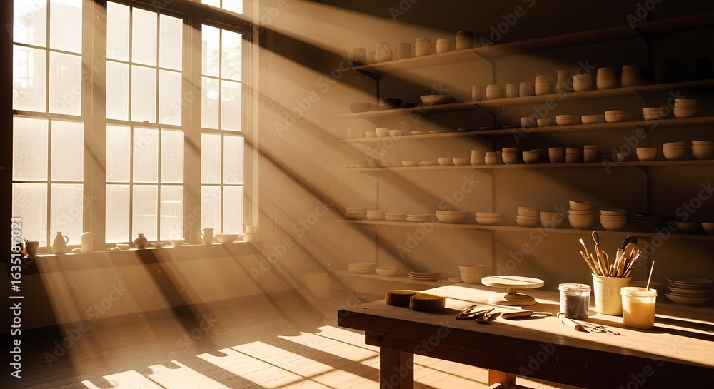 Obraz premium Empty pottery studio with dramatic sunbeams shining through a window onto a workbench