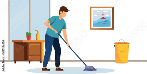 home office with personnel sweeping the floor, clean, practical and neat vibe