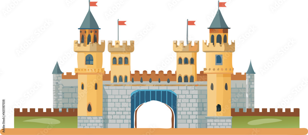 Fototapeta premium castle-style palace gate with stone walls, pointed towers, and a red banner at the top