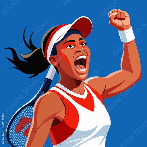 Excited female tennis player celebrating victory with fist pump and open mouth