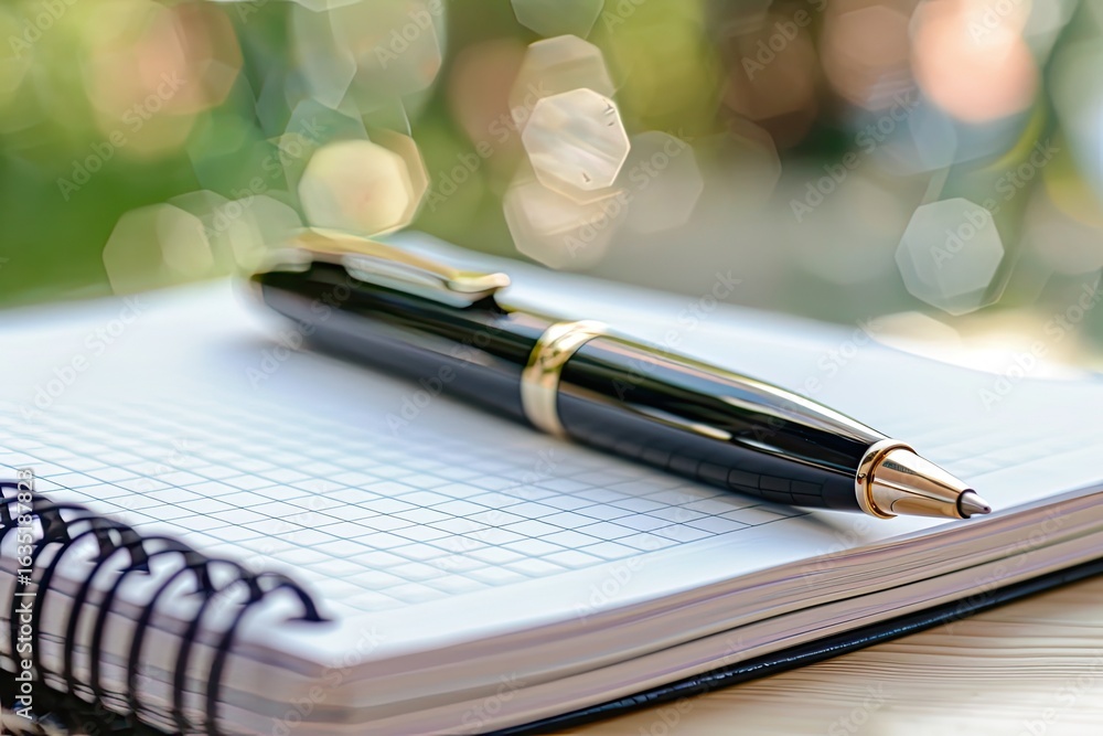 Fototapeta premium Notebook, pen, outdoors, bokeh background, note-taking