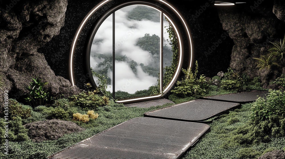 Fototapeta premium A serene interior space featuring a circular window that opens to a lush landscape
