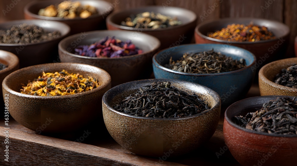 Fototapeta premium Assortment of dried herbal teas and tisanes in small bowls, showcasing a variety of flavors and textures. Preparation for brewing.