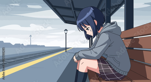 Lonely Anime Girl Waiting Alone At Train Station