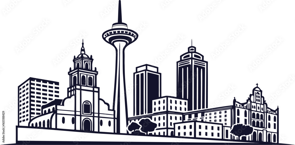 Obraz premium The city skyline is depicted with bold lines, dark black nuances give an elegant urban impression