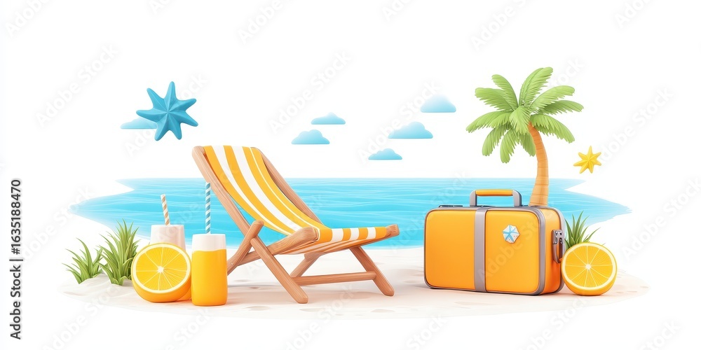 Obraz premium Tropical beach vacation cartoon summer illustration. Summer paradise by the ocean. Vacation leisure, relaxation, travel, holiday, tropical getaway, playful cheerful style, tourism, outdoor