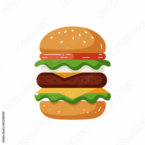 Cartoon illustration of a double cheeseburger with toppings.