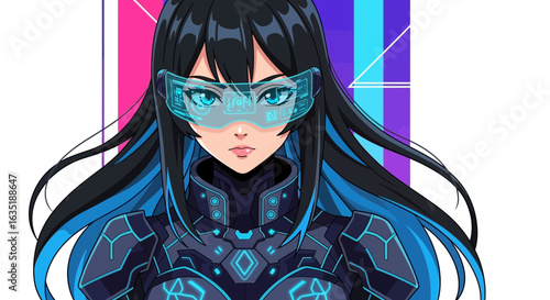 Anime Girl Wearing Futuristic Visor And Armor Costume On Abstract Background