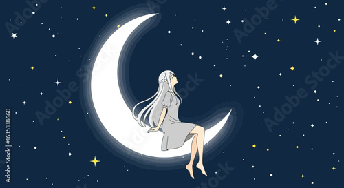 Celestial Dreamscape: Woman Gazing at Stars from Crescent Moon