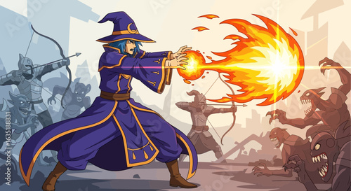 Fantasy Wizard Casting Fiery Spell in the Midst of Cartoon Battle