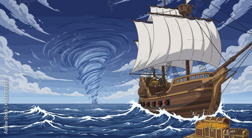 Wooden Sailing Ship Navigating A Stormy Sea And Approaching A Waterspout