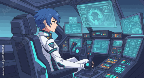 Anime Pilot Navigating Spaceship In Digital Cockpit Illustration