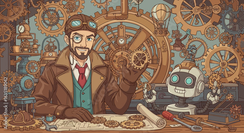 Steampunk Inventor With His Robot Assistant Around Mechanical Gears