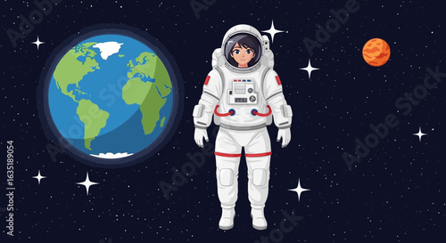 Young Astronaut Exploring Space Near Earth And Mars Cartoon Illustration