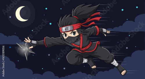 Cartoon Ninja Leaping Under Moonlight With Throwing Star Illustration