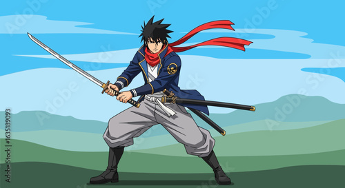 Anime Warrior With Dual Katanas Ready For Battle