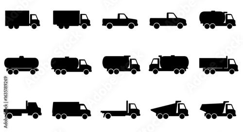 A comprehensive set of black truck silhouettes. Vector icons of various commercial vehicles for transportation and logistics.