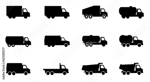 Truck and commercial vehicle icon set. A graphic collection of black silhouettes for freight, delivery, and industrial transport design.