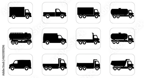 A comprehensive icon set of commercial trucks and vehicles. Black silhouettes of various transport types like tanker, flatbed, and delivery trucks.