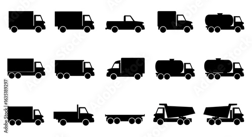 Monochrome graphic collection of various commercial trucks. A vector set of vehicle silhouettes for transportation design and logistics.