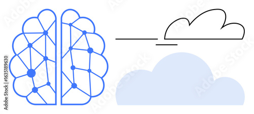 Stylized brain design with network connections linked to abstract clouds. Ideal for technology, artificial intelligence, cloud computing, connectivity, data storage, innovation, and education themes