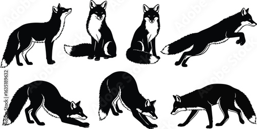 Vector art of silhouette of fox in different poses isolated on white background