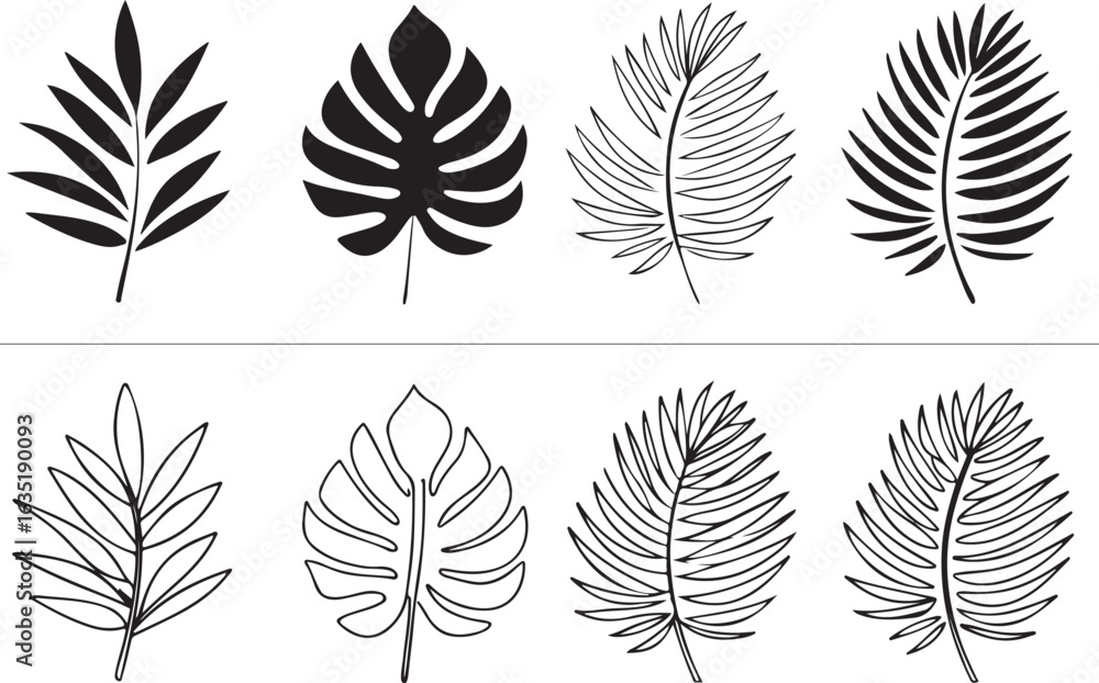 Fototapeta premium Tropical foliage collection black and white tropical leaves