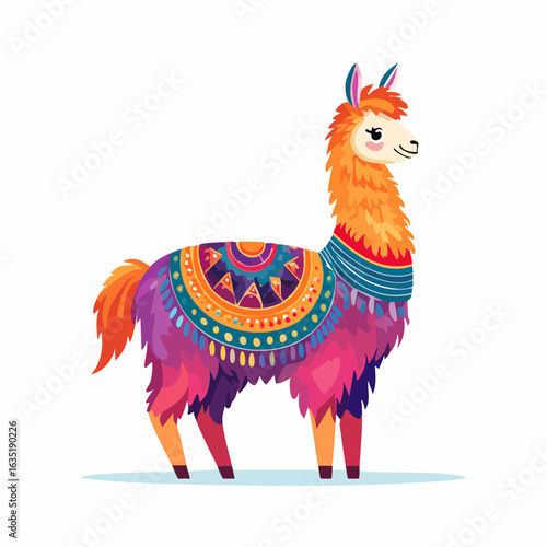 Cheerful cartoon llama with vibrant colors and intricate blanket on a white background