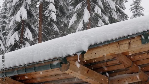 Wallpaper Mural Snow-covered Roof: A serene view of a snow-laden roof with icicles, capturing the cold beauty of a winter wonderland. Torontodigital.ca