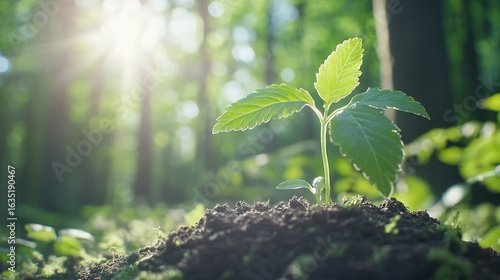 Emerging life seedling breaking through soil into sunlight in forest environment