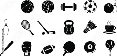 Vector art of various sports equipment illustrations isolated on white background in vector format