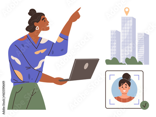 Woman holds laptop, pointing at urban buildings with a location pin. Face recognition interface displays her photo. Ideal for technology, navigation, networking, security, innovation, urban