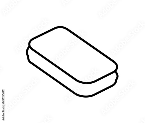 Simple line drawing of a rectangular object, possibly a sponge or bar of soap, in a minimalist style.