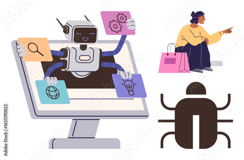 Robot emerging from a screen multitasking with various icons, shopper beside with shopping bags, and bug icon. Ideal for e-commerce, AI innovation, problem-solving, digital tools, technology