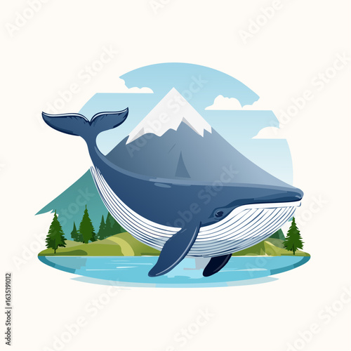 Majestic Whale Illustration: A serene blend of aquatic beauty and mountainous landscapes art