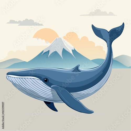 Majestic blue whale gracefully swimming with Mount Fuji in the serene background depiction