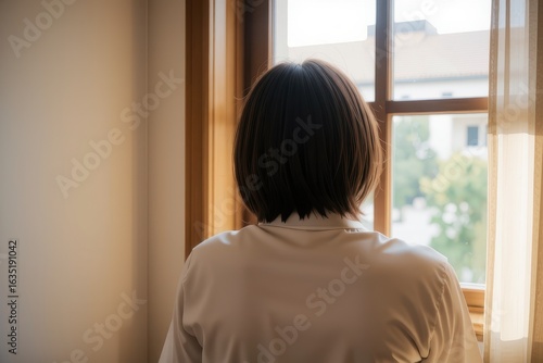 Short-Haired Woman Looking Out Window	