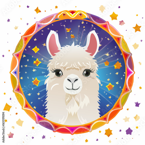 Cute Llama in a Colorful Frame with Stars: A Whimsical Illustration for Kids