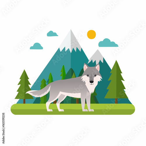 Flat illustration of a wolf in a mountainous landscape conveying a sense of wildlife nature